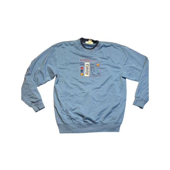 Sweaters - VTG Cats Are Family Too‎ Sweatshirt Blue Cat Lover Graphic Pullover grannycore L
